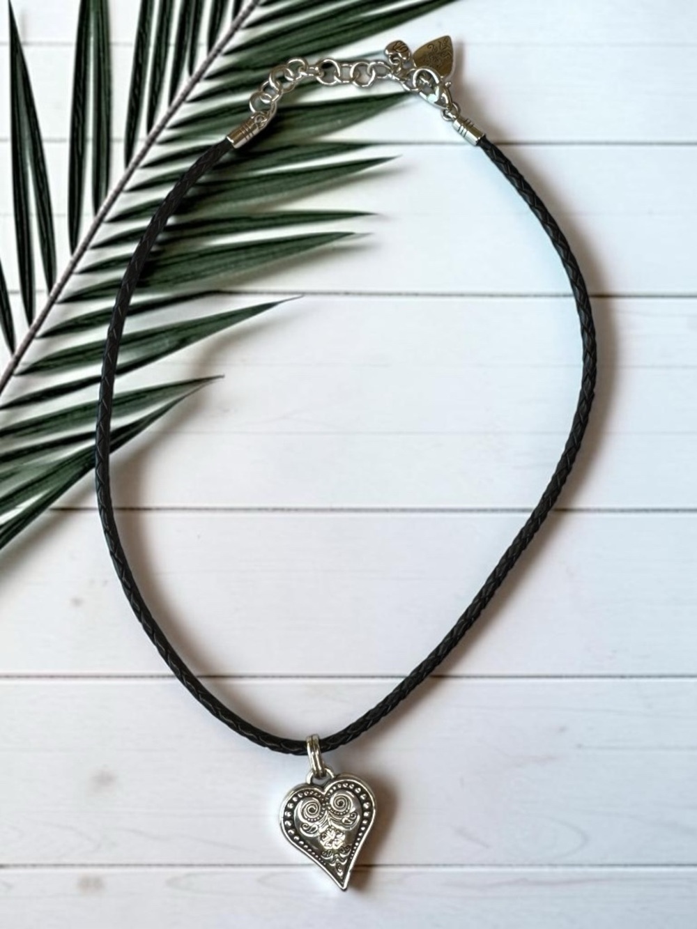 Brighton Ophelia Black Braided Leather Cord Heart Pendant Necklace Silver Tone